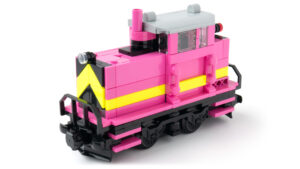 A brightly colored diesel shunter